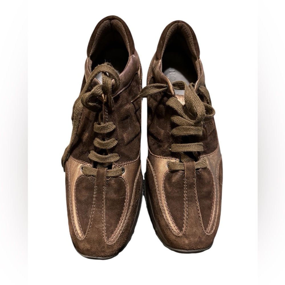 HOGAN women’s size 9.5 brown suede with bronze‎ trim sneakers.